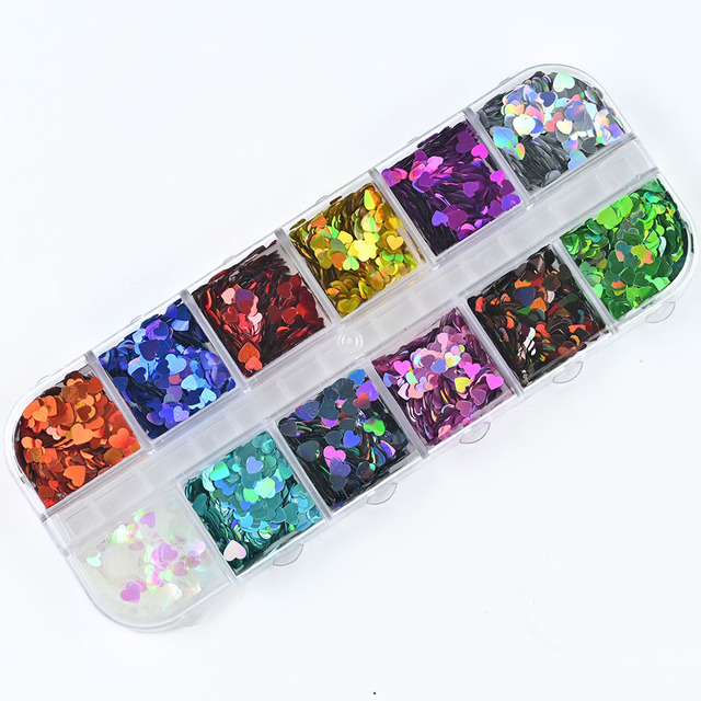 Chunky Neon Heart Sequins Kit Bar Laser Black, Pure White, Dazzling Silver Heart Glitter Nail Art Decoration 3D Box(12grid)