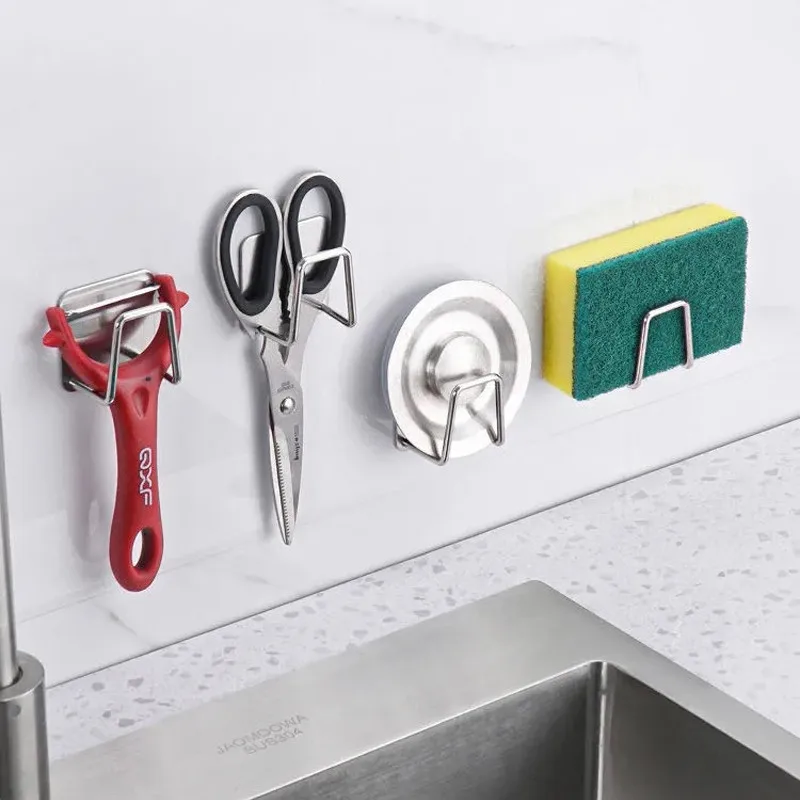 Stainless Steel Sponge Holder Hook Sink Drain Drying Rack Self Adhesive Wall Hooks For Bathroom Kitchen