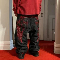 Street Popular Pattern Embroidery Mopping Jeans Men Y2K New Harajuku Hip Hop Loose Oversized Wide-leg Pants Couple Casual Jeans 1