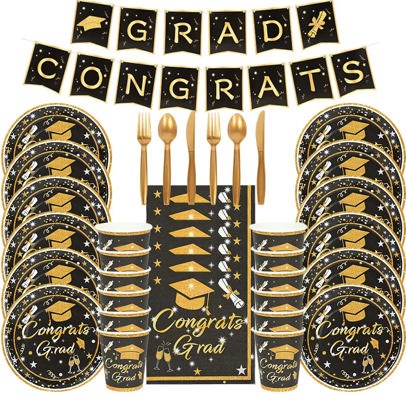 Graduation Party Disposable Tableware Table Top Decoration Decoration Plate Napkin Tablecloth Congratulations Graduation Banner