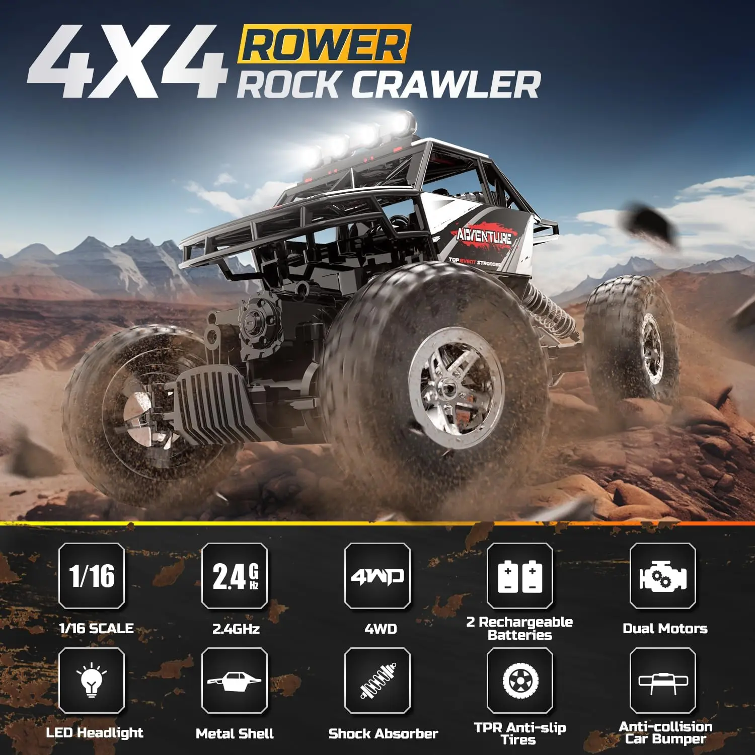 DEERC DE45 RC Car: 1:14 4WD Monster Truck, Metal Shell, 2 Batteries, 90 Min Play, 2.4GHz, LED, Rock Crawler 5
