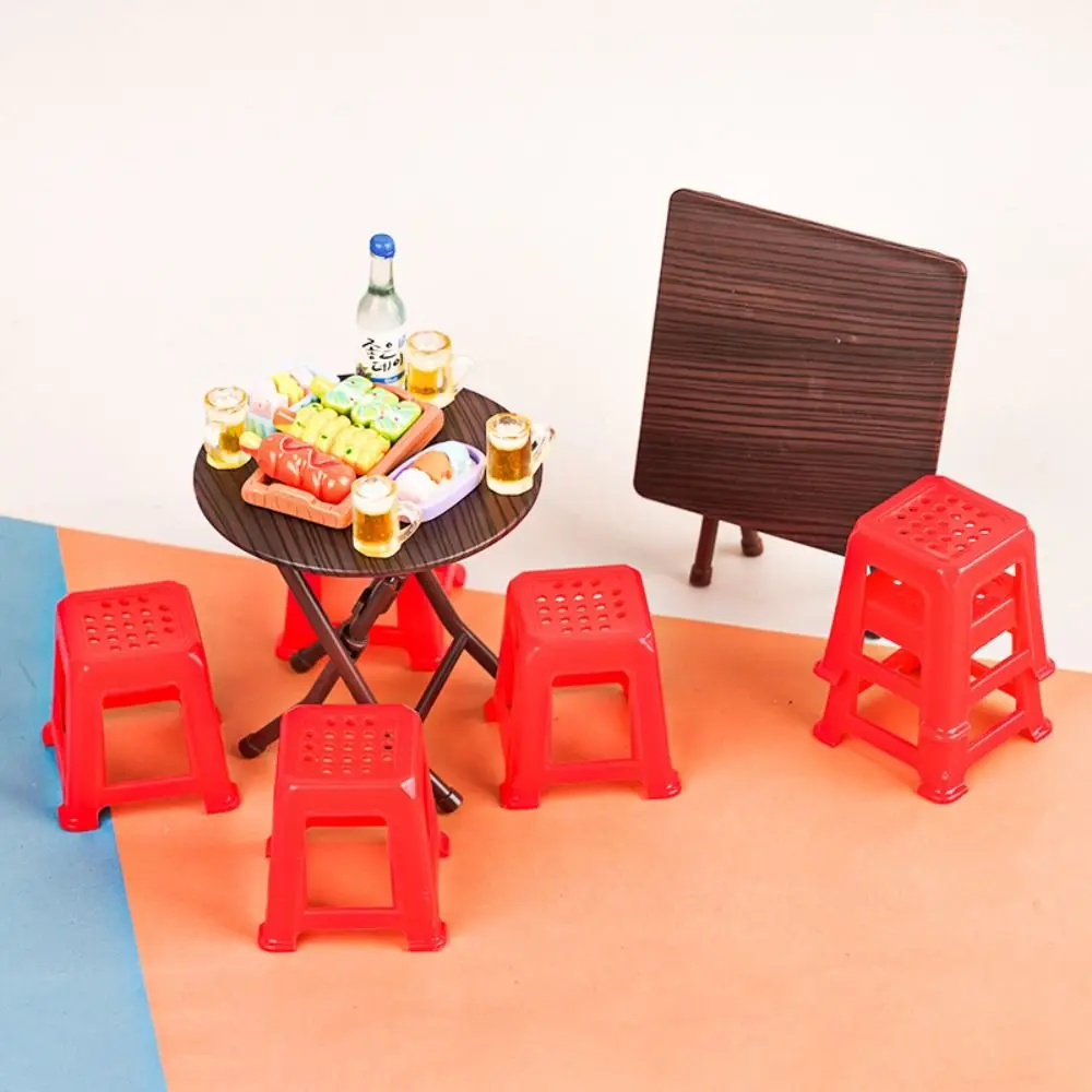 Scene Model Dollhouse Folding Table Mini Stool Lifelike Design Miniature Dining Table Furniture Plastic Dollhouse Small Chair