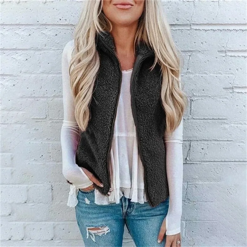 2023 Autumn and Winter Women s Standing Neck Pocket Zipper Solid Loose Plush Vest Fashion Casual