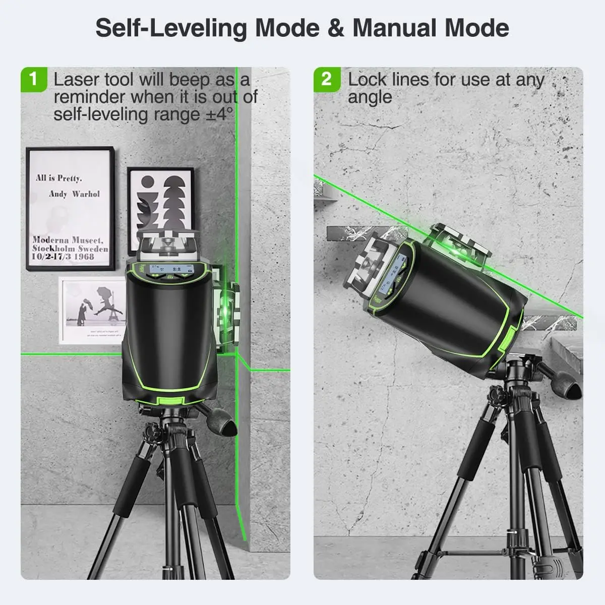 Huepar 3D LCD Display Cross Line Laser Level 12 Lines Green Beam Bluetooth & Remote Control Functions S03CG With Hard Carry Case