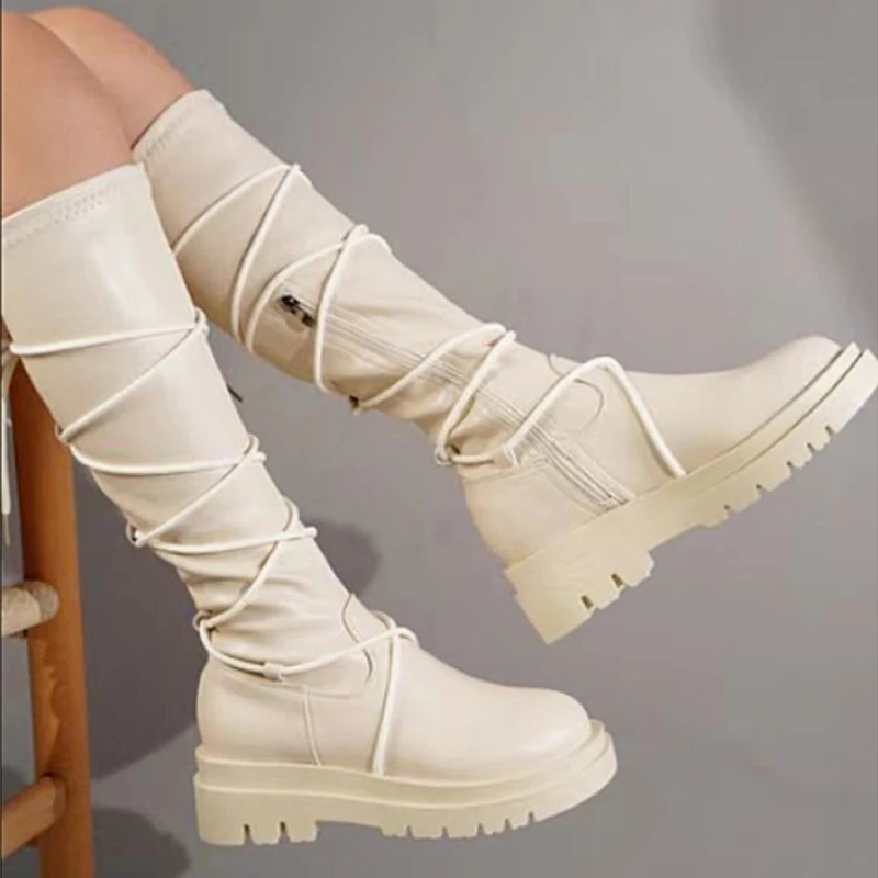 Platform Shoes Women's Cross Lace Up Boots Women's Leather Zapatos De Mujer New Botas Mujer Knee Women's Shoes Solid Platform