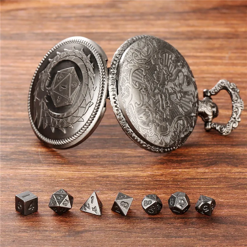 Pocket Watch Chain Bronze 7pcs Metal Polyhedral Dice Role Play Gaming Dices With Cool Dragon Pocket Watch Case Pendant FOB Chain Game Accessory