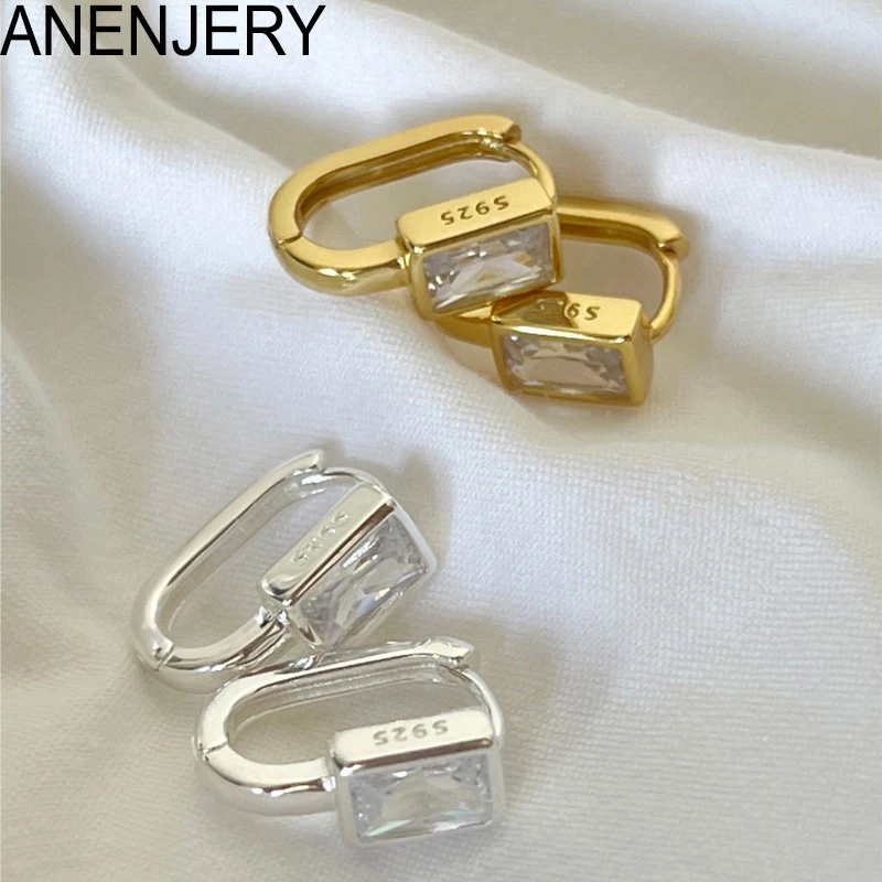 ANENJERY 여성용 사각형 지르콘 U자형 후프 귀걸이, 절묘한 골든 실버 색상, 기하학적 허기 쥬얼리
