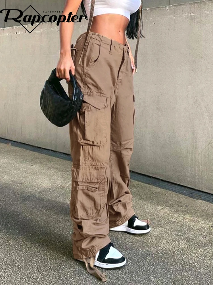 Rapcopter Ruched Big Pockets Cargo Jeans Retro Sporty Low Waisted Trousers  Light Brown Fashion Streetwear Denim Joggers Women