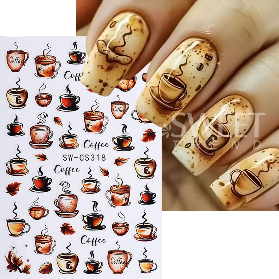 2pcs Retro Nail Stickers 3D Autumn Maple Leaf Coffee Pattern Self-Adhesive Nail Decals DIY Simple Manicure Decoration Sliders