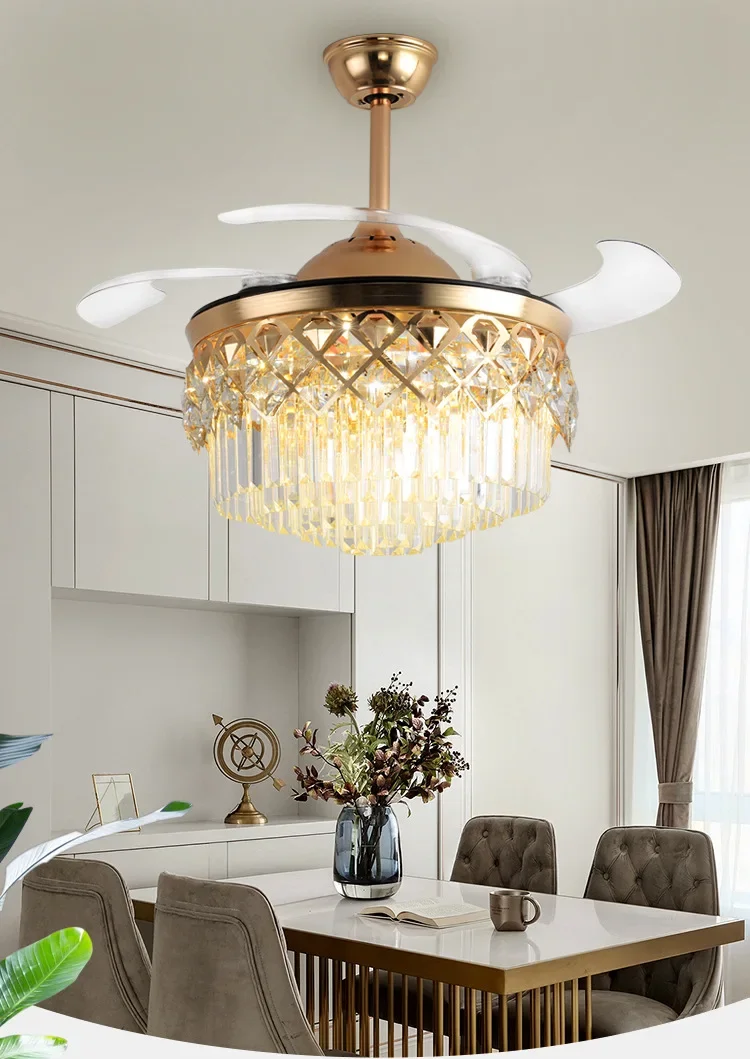 

Luxury Crystal Chandelier Frequency Conversion Living Room Bedroom Dining Room Ceiling Fan Lights Fan With Lights Wholesale