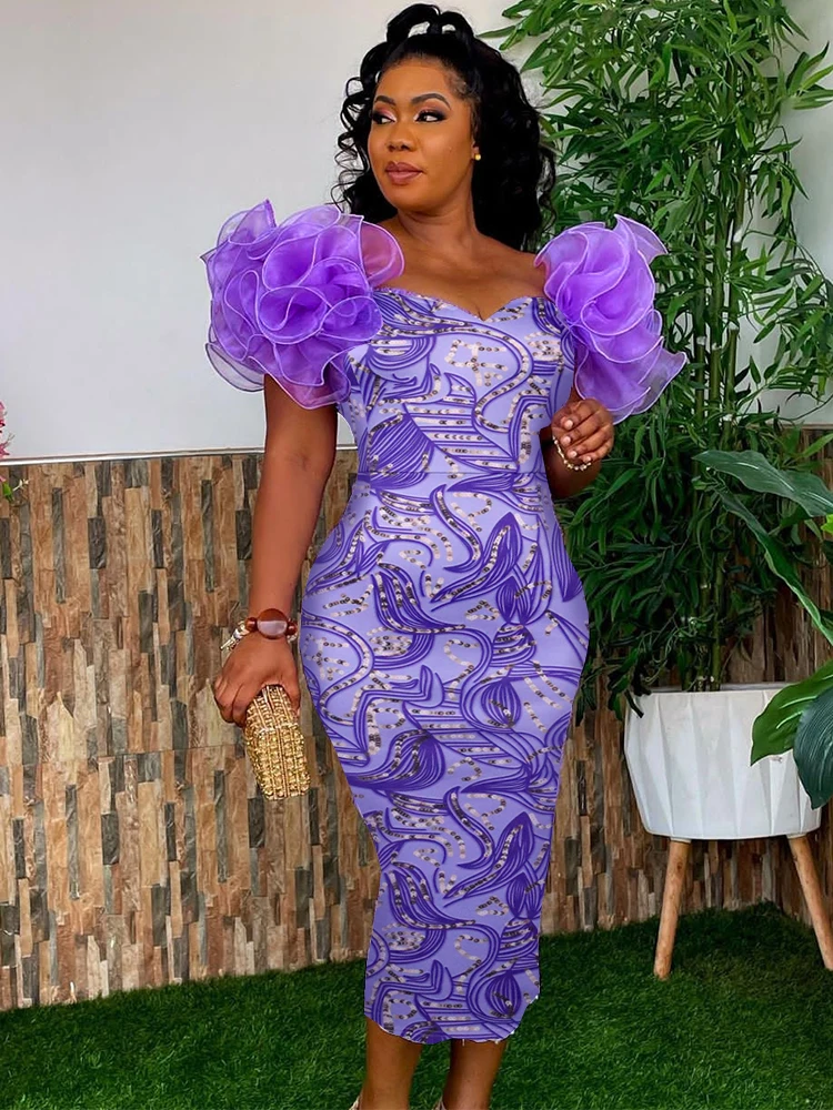 Party Wear Lavender Bodycon Midi Dress Purple Print Midi Dresses For Women  Flower Short Sleeve Floral