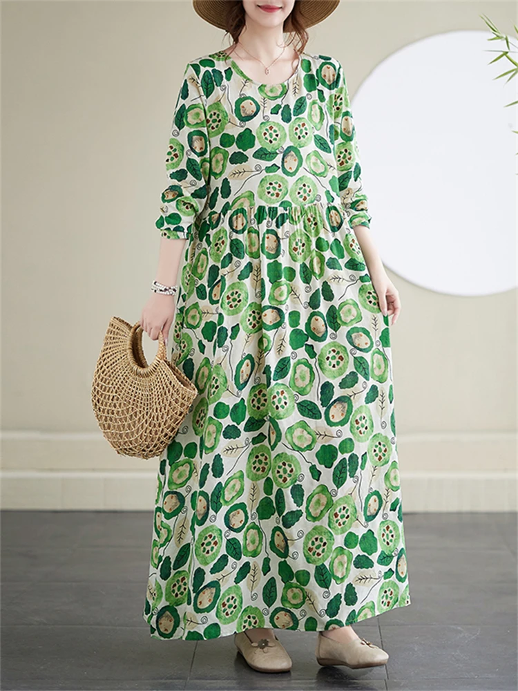 Cotton Vintage Long Green Print Dress Women 2025 New Spring Autumn Casual Loose Dresses Office Lady Femme Robe Vestidos Clothing