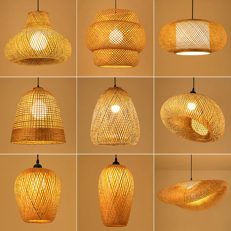 ZK50 Creative Bamboo Decorative Chandelier Rattan Ceiling Hanging Line Lamps Straw Hat Bamboo Lamp E27