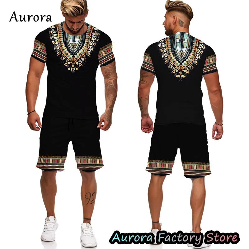 Men s summer african dashiki tracksuit vintage ethnic printing t shirt shorts set oversized outfit outdoor