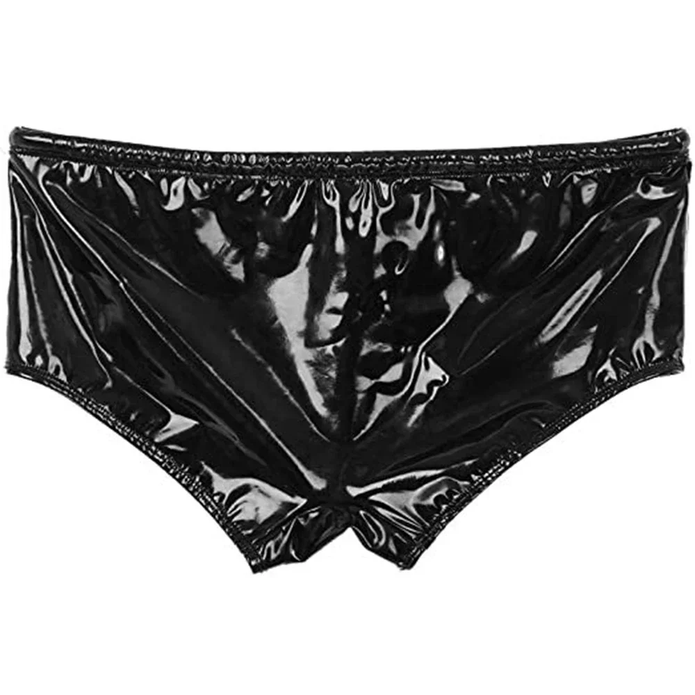 Men Bulge Pouch Pole Dance Patent Leather Shorts Wet Look Leather Boxers Underwear Sexy Night Clubwear Drawstring Boxer Shorts