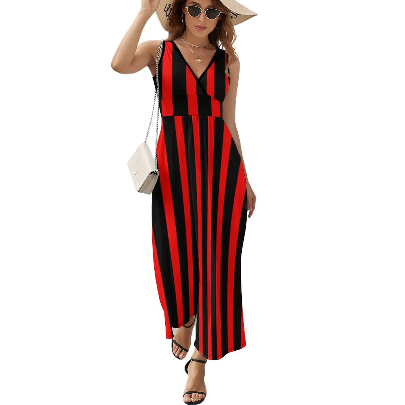 

Vertical Striped Dress Red and Black Print Korean Fashion Boho Beach Long Dresses Womens Sexy Design Maxi Dress Birthday Gift
