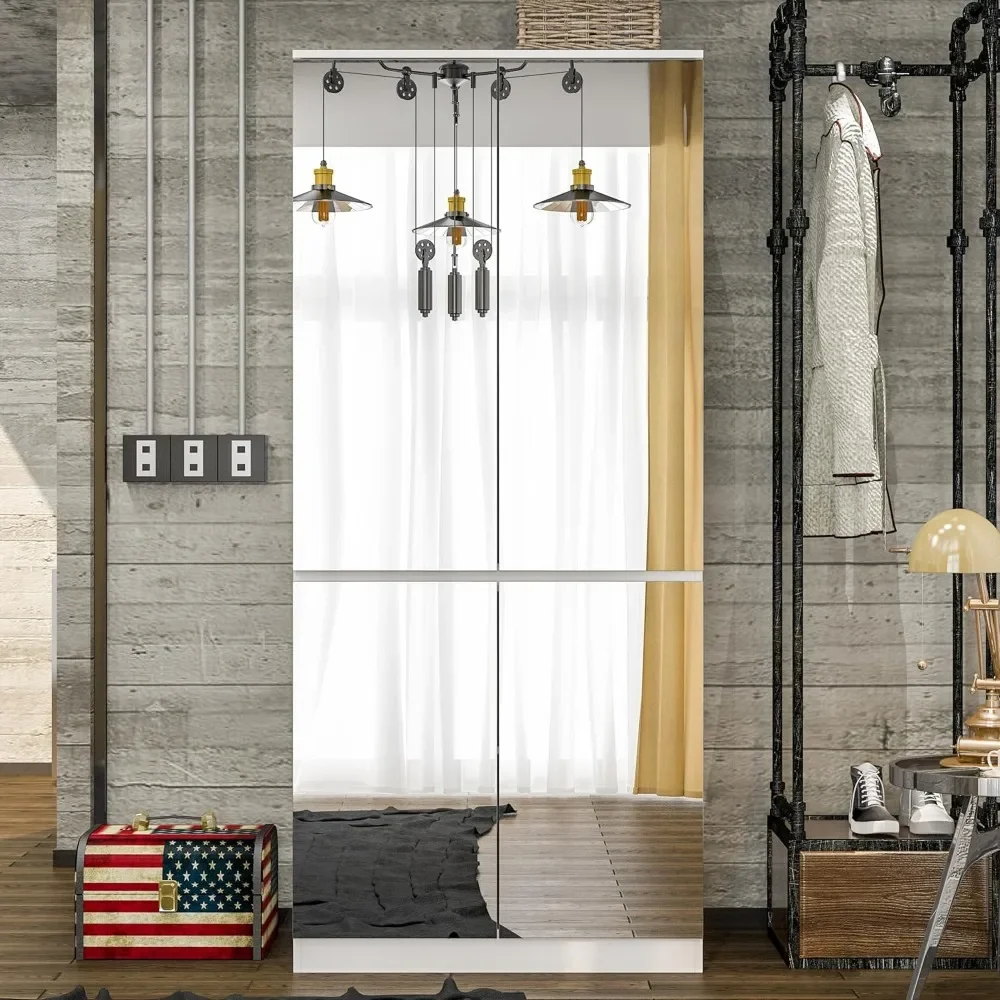 Wardrobe Closet with 4 Glass Full Length Mirror Doors & Hanging Rod Bedroom,White 31.5" W x 19.7" D x 70.9" H Wood Wardrobe 4