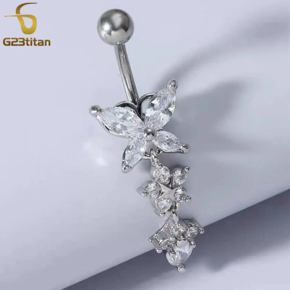 Belly Button Ring Jewelry G23titan CZ Zircon Butterfly Dangle Belly Button Ring 14G Titanium Barbell Navel Bar Body Piercing Jewelry Women Sex Accessories