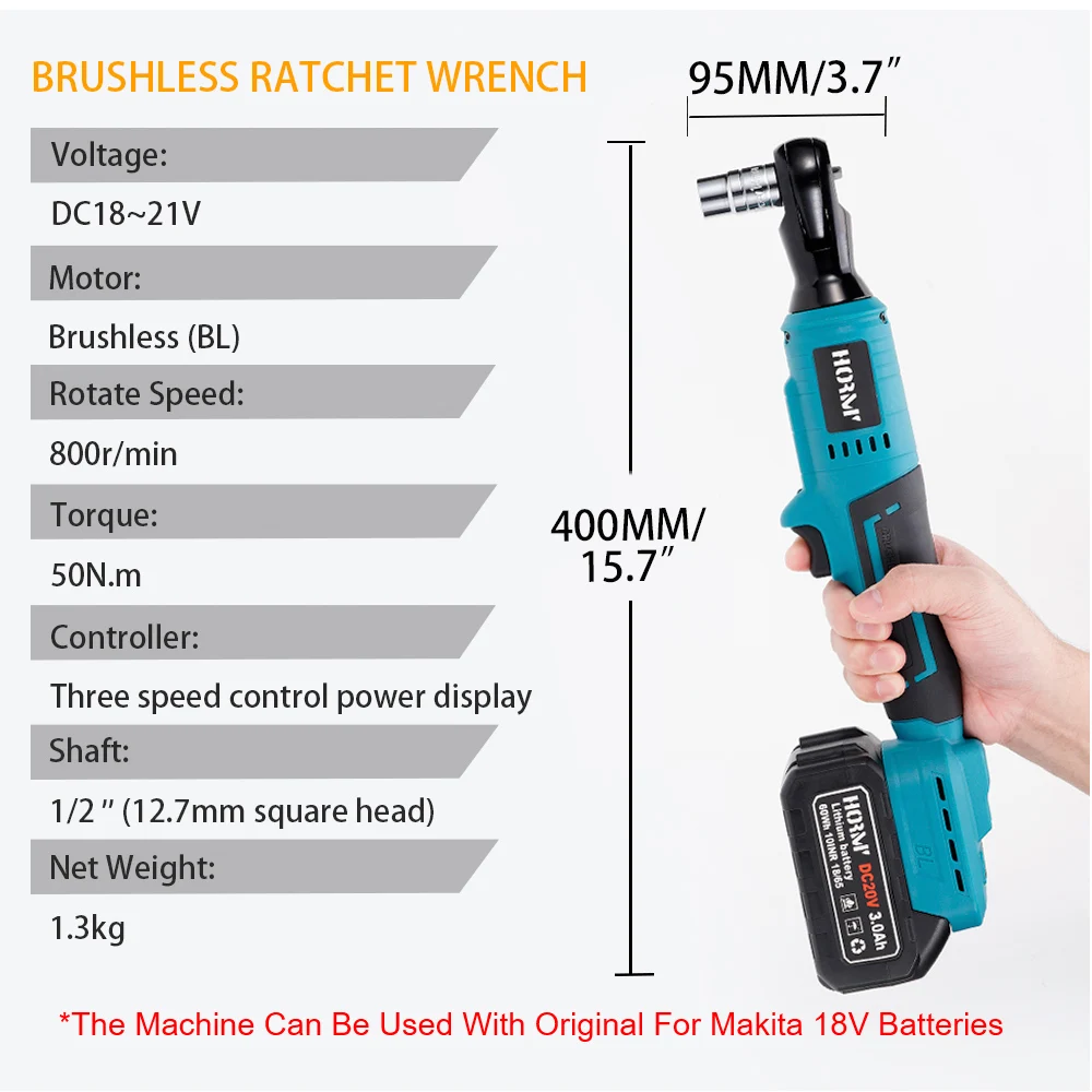50N.m Brushless Electric Wrench 1/2'' Right Angle Ratchet Set Angle Drill Screwdriver Removal Nut Repair Tool For Makita Battery