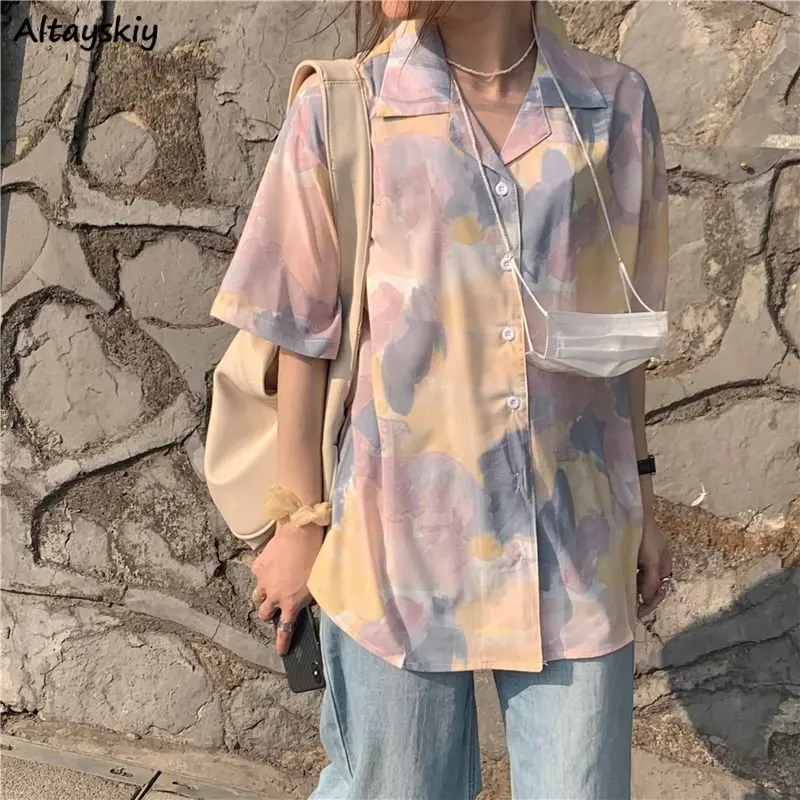 

Retro Casual Short Sleeve Shirts Women Summer Tie Dye Design Korean Style Ulzzang All-match Sweet Camisas Mujer Harajuku Fashion