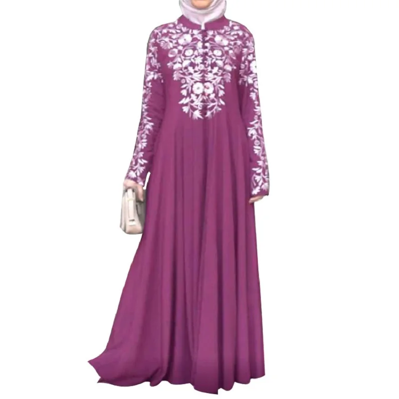 

Wepbel Muslim Dress Stand Collar Robe Caftan Flower Floral Print Swing Dress Abaya Women Ramadan Wear Long Sleeve Ethnic Style