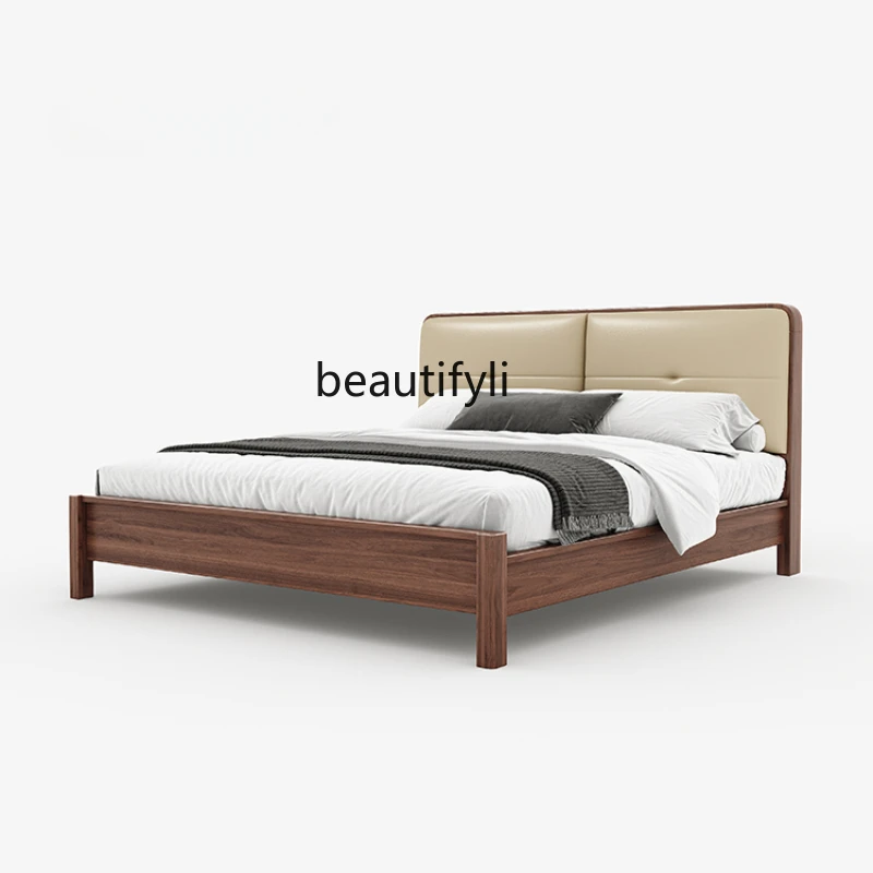 

Black Walnut Full Solid Wood Bed 1.8 M Master Bedroom Marriage Bed 1.5 M Secondary Bedroom Top Layer Leather Soft Bag Backrest