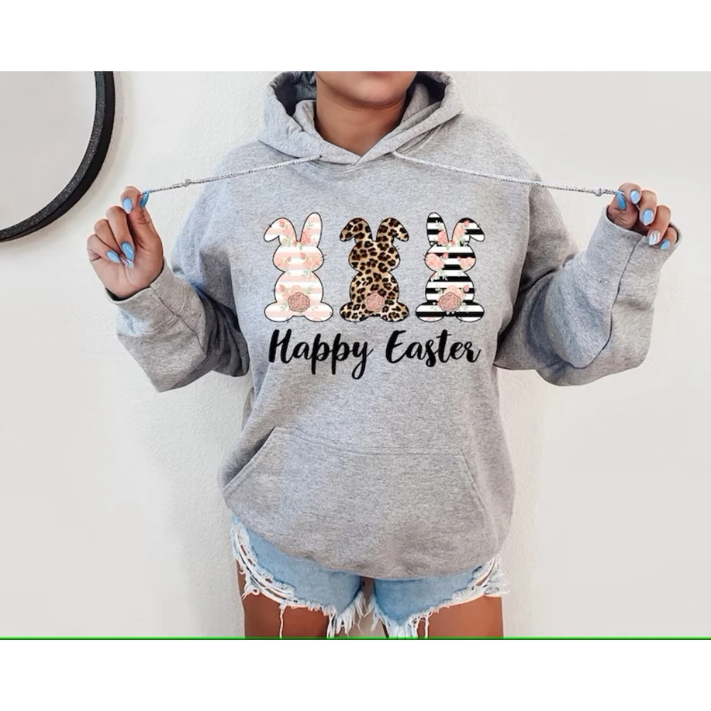 Funny Happy Easter Bunny Hoodie Cute Teacher Womens Easter Sweatshirt Leopard Kawaii Aesthetic Harajuku Fashion Shirt EasterGift