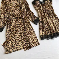 Ensemble chemise de nuit et Robe deux pièces, imprimé léopard, Sexy, garniture en dentelle, écharpe, ouvert sur le devant, peignoir, ensemble pyjama, vêtements de détente 3