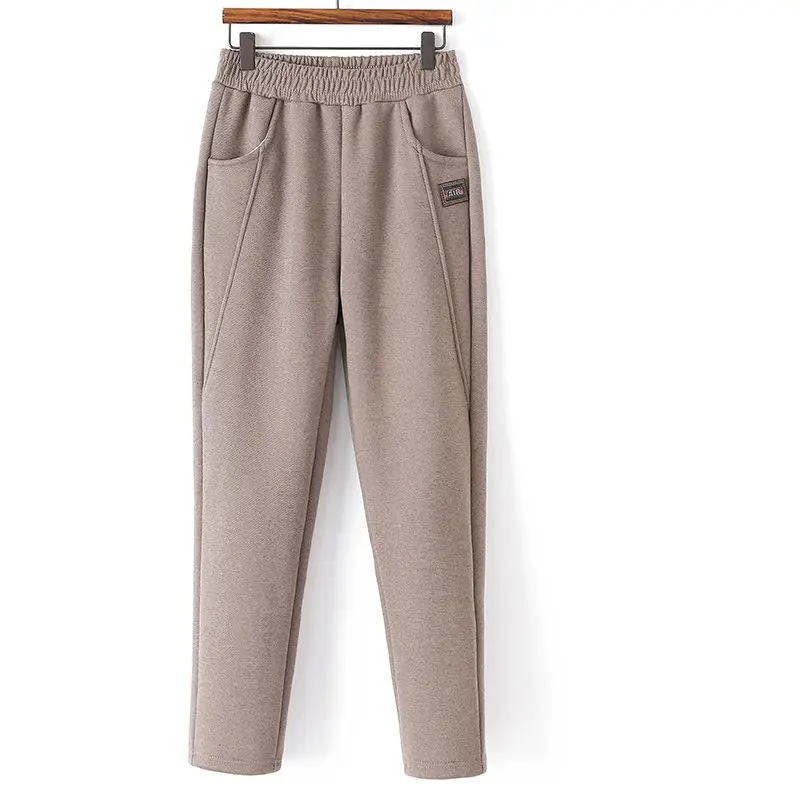 

Elastic Waist Elegant Pocket Straight Mother Pants 2023 Autumn Winter Fashion Women Pants Casual Loose Plush Warm Woolen Pants