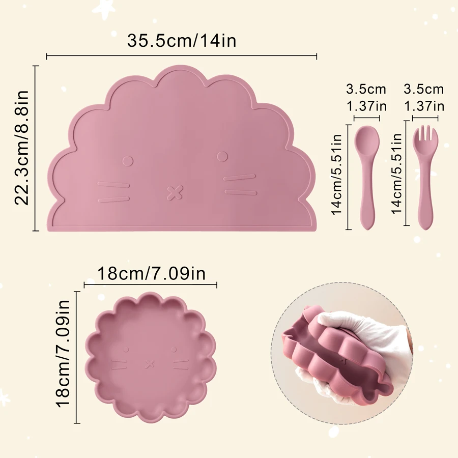 4PCS Baby Silicone Dinner Set Cute Lion Shape Placemat Suction Plate Toddler Utensils Soft Baby Stuff Portable Baby Tableware 6