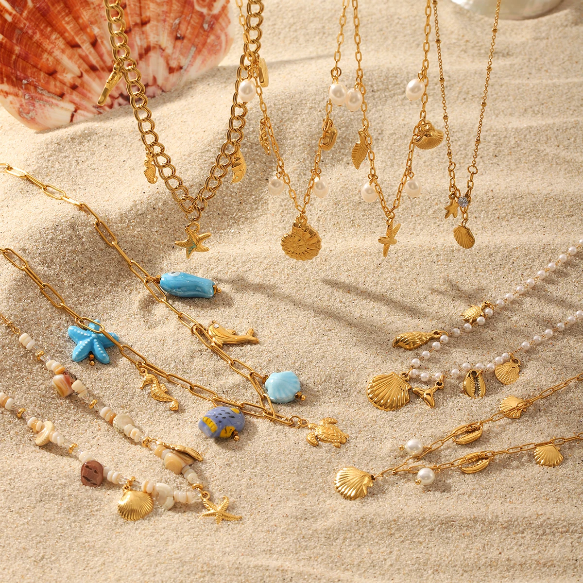 Ocean Shell Starfish Pendant Necklace For Women, Stainless Steel Plated Gold Necklaces, Fashion Jewelry_voghion.com