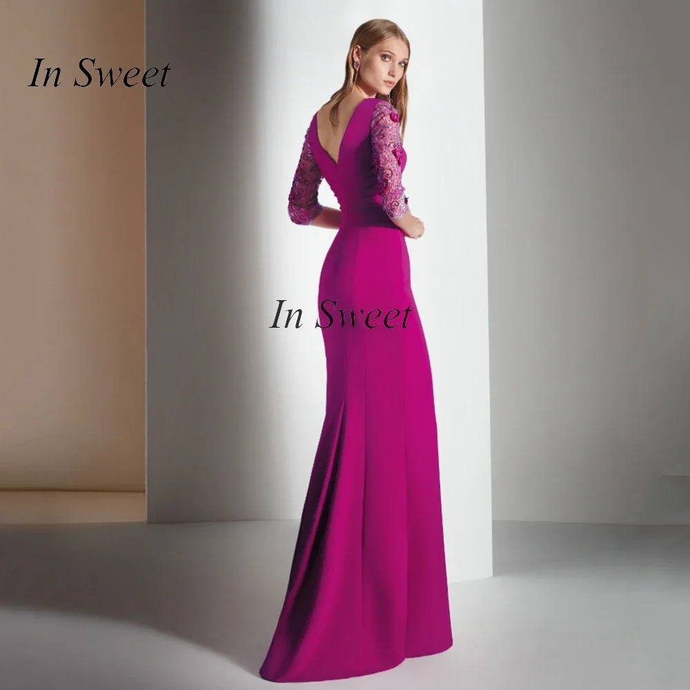 Ball Elegant Scoop Half Sleeves Mother Of The Bride Dresses With Slit Fuchsia Evening Gown For Wedding Ruffles Guest Dress mother bride dresses