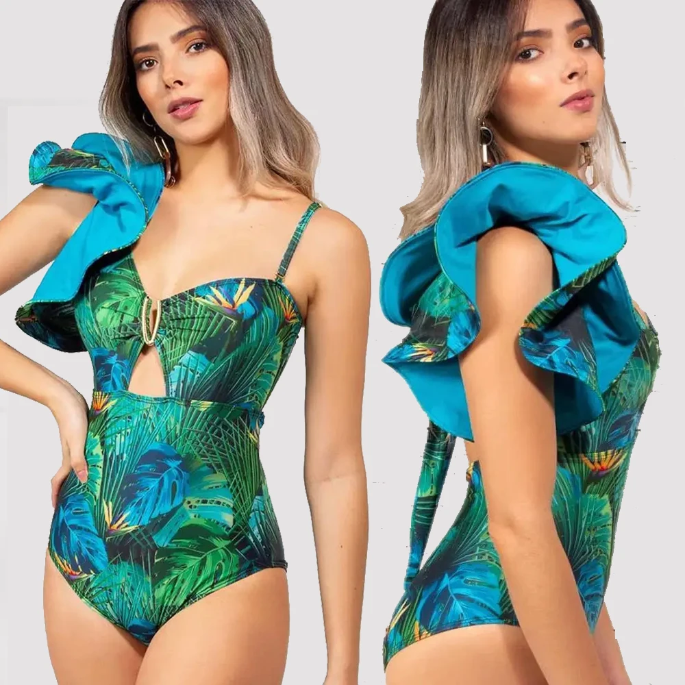 

NADANBAO One Shoulder Ruffle Swimwear Sexy Backless Ruffled Floral printed One-piece Swimsuit Hollow Out each Bathing Suits