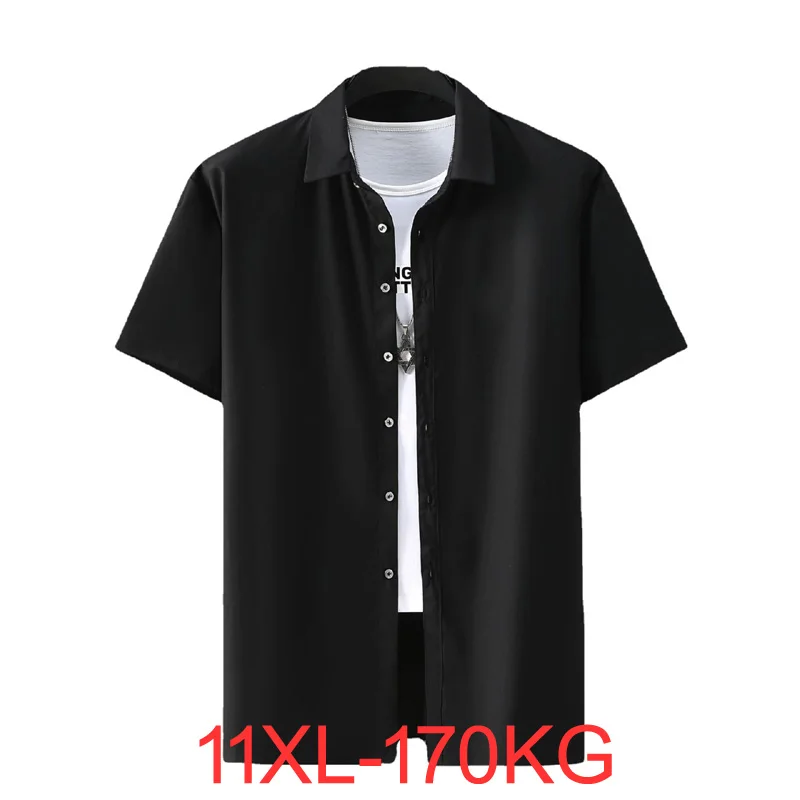 

Plus size short-sleeved ice silk shirt big size Business work Black shirt man summer casual large size men shirt 11XL 9XL 10XL