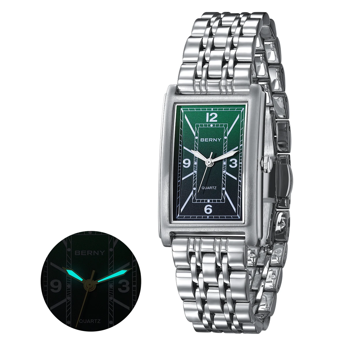 BERNY Rectangular Luxury Watch for Men Square Men Wristwatch Luminous Quartz Stainless Steel Casual Fashion Tank Wristwatches