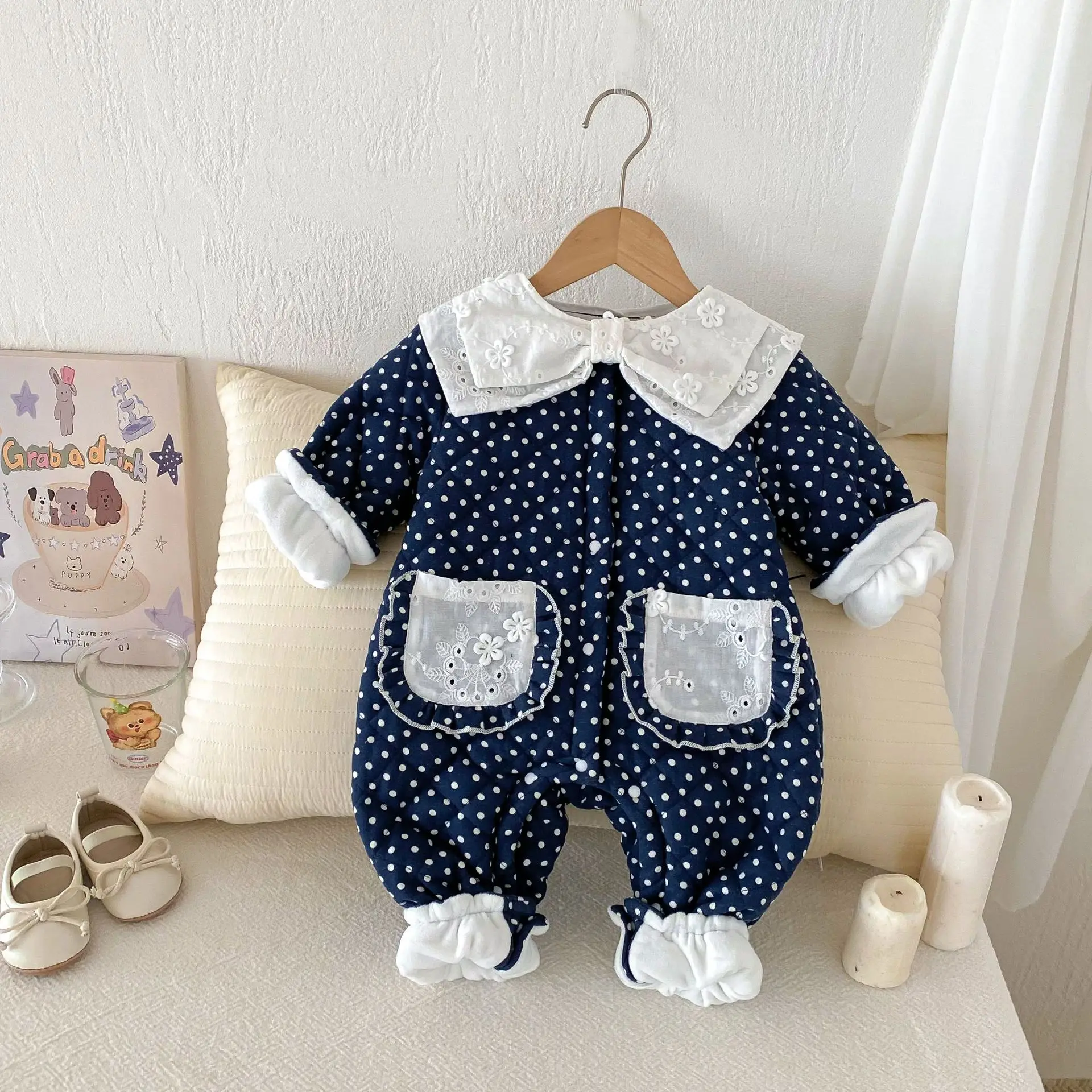 Winter Neugeborene Baby Mädchen Baumwolle Prinzessin Polka Dots Dicker Revers Krabbelanzug Kinder Einteiler Modische Babykleidung – Detail 2