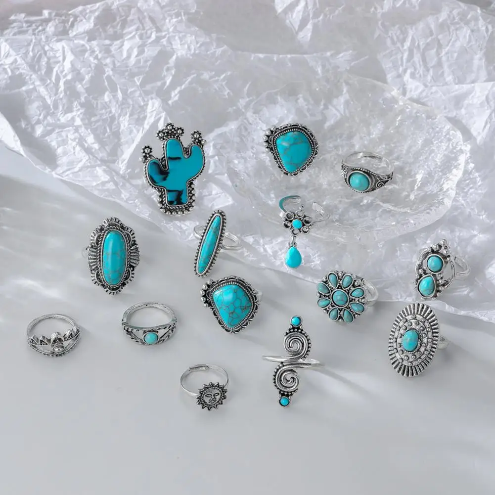 Long-lasting Rings Bohemia Rings Vintage Bohemian Adjustable Ring Set with Cactus Sun Shape Faux Turquoise Knuckle Rings for Her 2