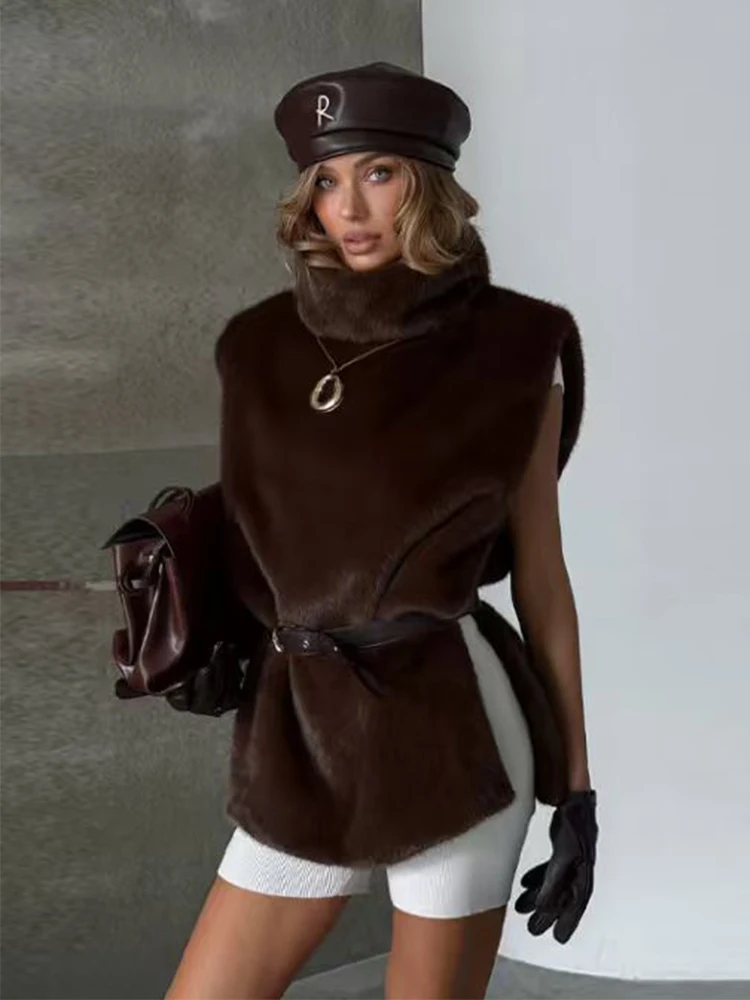 Women Autumn Winter Fashion Faux Fur Vest Coat Female Chic Belt Sleeveless Short Jacket Warm Casual Waistcoat Tops ﻿
