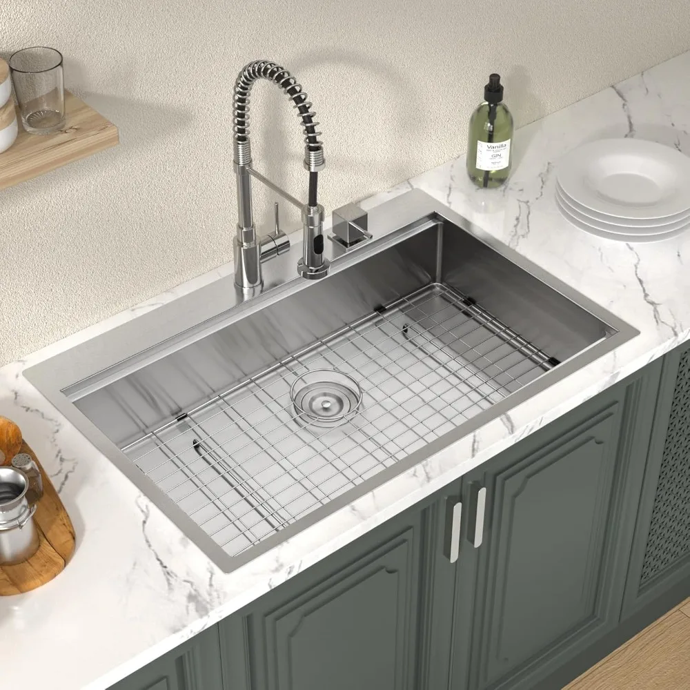 33x22 Kitchen Sinks Workstation, Drop In Stainless Steel Single Bowl Handmade Topmount Kitchen Sink w/Cutting Board 2