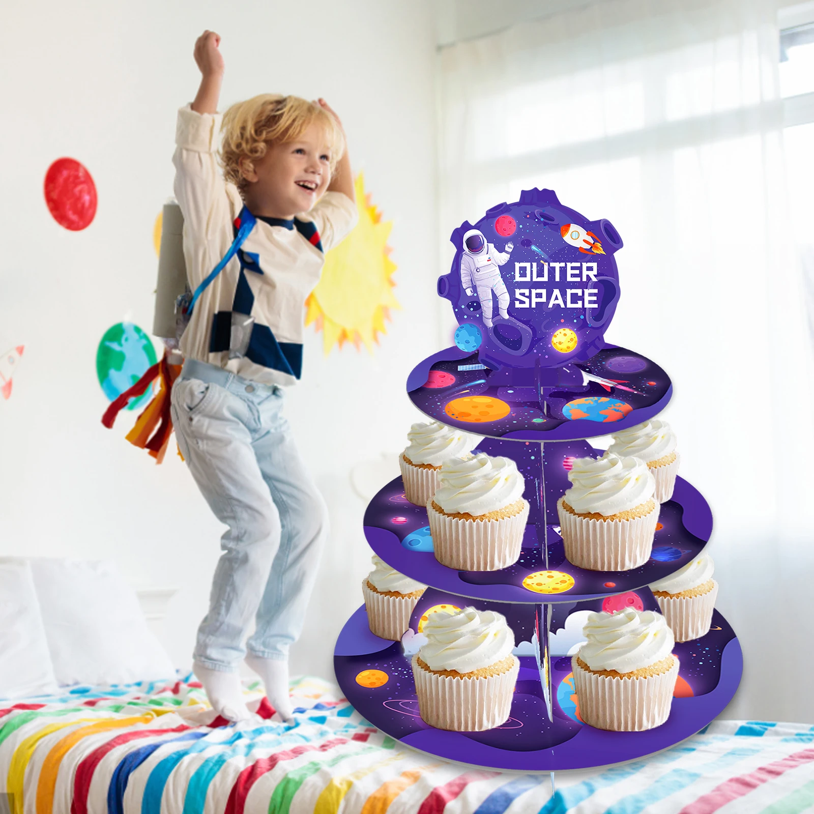 

3 Tiers Boy Cartoon Outer Space Rocket Planet Birthday Party Cake Backdrops Cupcake Rack Display Stand Cake Decorating Supplies