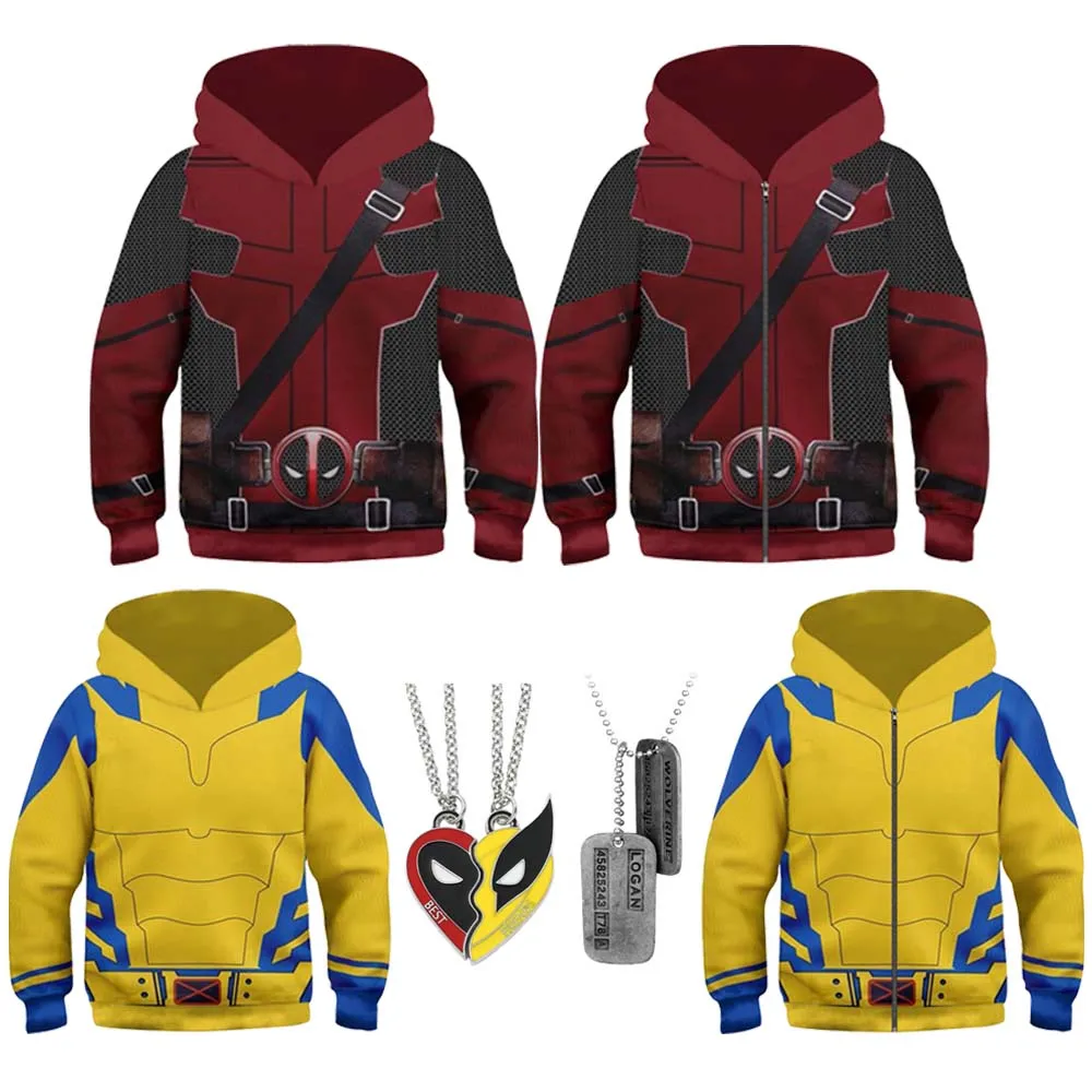 Boys Deadpool Wolverine Hoodie, Cosplay Costume, Role Playing Costume, Film Cosplay Superhero Pullover Hooded Sweatshirt Necklace Set, Halloween Costume Jacket