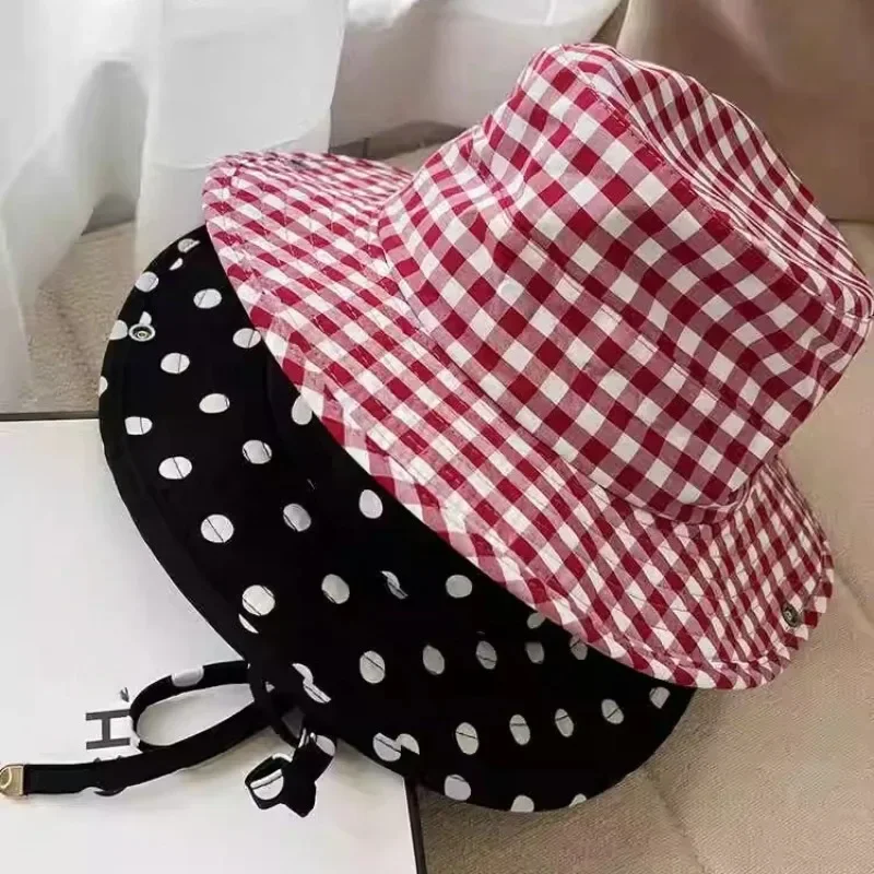 Bucket Hats Women Black Dot Versatile Sweet Lace-up Fisherman's Hat Summer Big Brim Sun Protection UV Protection