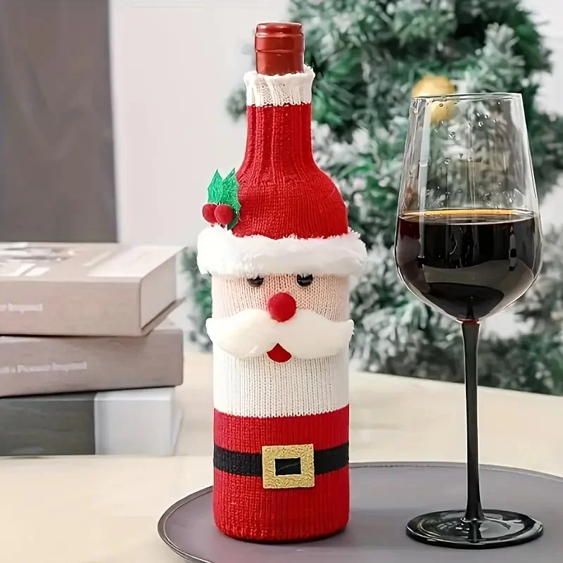 LUSQI 2Pcs Christmas Wine Bottle Cover Santa Claus Snowman Knitted Wine Bottle Sweater Christmas Dinner Party Table Decorations