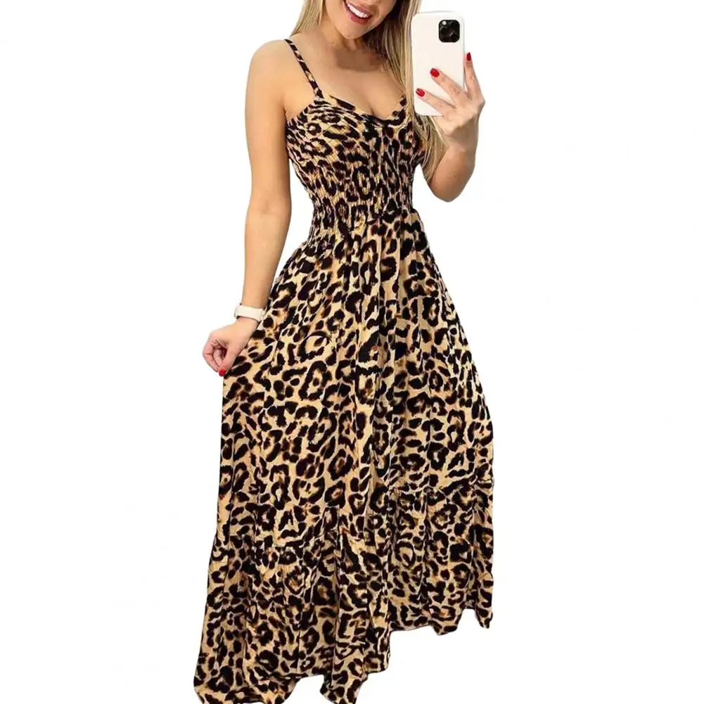 

Women Strappy Dress Leopard Print Low-cut V Neck Sleeveless Tight High Waist Color Matching Backless Big Hem Dress