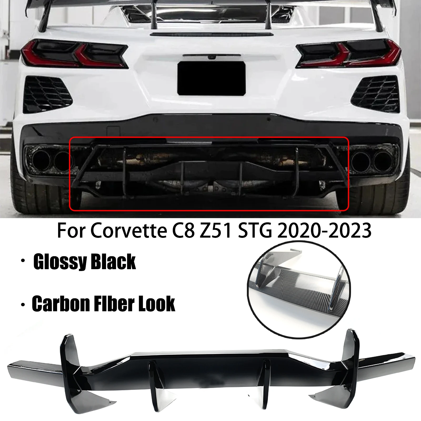 Фото Диффузор для заднего бампера для 2020-2023 Chevrolet/Chevy Corvette C8 Z51 STG Акулий плавник стильный сплиттер для губ задний спойлер карбоновый вид №1
