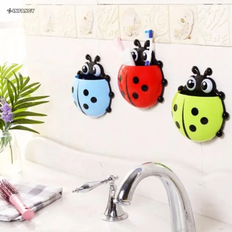 4 Colors Cute Ladybug Insect Toothbrush Wall Suction Bathroom Sets Cartoon Sucker Toothbrush Holder Suction Hooks