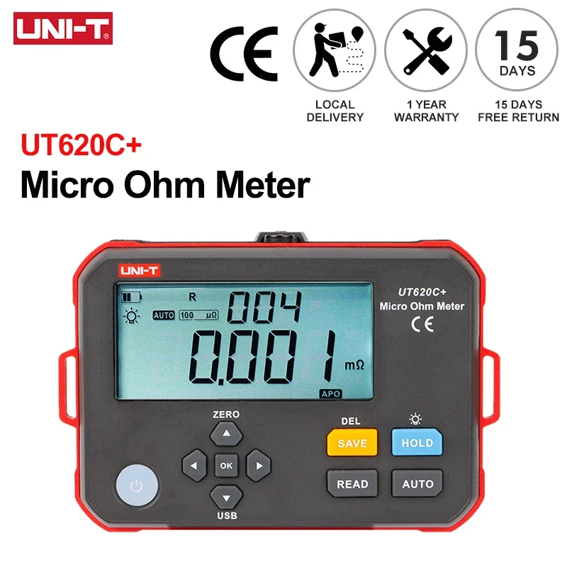 UNI-T Micro Ohm Meter UT620C+ 0.001m&Omega;～300.0K&Omega; Digital DC Low Resistance Tester Insulation Test LCD Display IP54