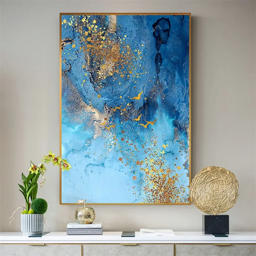 

100% Hand-Painted Modern Oil Paintings Abstract Golden Blue Tone Canvas Poster Decor Home Living Room Corridor Wall Art Picture