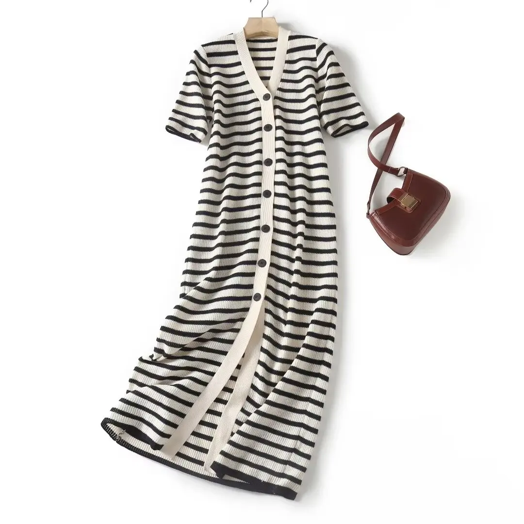 

Women 2023 New Fashion Summer Striped V-neck long dress vintage single-breasted casual chic female Dresses Vestidos robe Mujer
