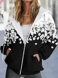 Women's Plus Size Oversized Floral Pocket Hooded Jacket - Casual Long Sleeve - 5XL (WHITE)